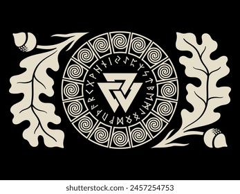 Diseño vikingo. Patrón escandinavo celta redondo, con hojas de roble y un círculo rúnico y el signo mágico Valknut, aislado en negro, Ilustración vectorial