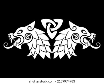 Viking design. Scandinavian pattern and Wolves of Odin - Geri and Freki, isolated on black, vector illustration