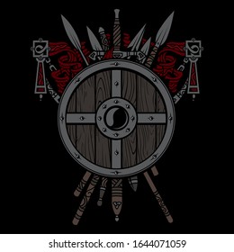 Diseño atractivo. Escudo viking y espadas. Conjunto de armas medievales, espadas y lanzas de guerreros, ilustración vectorial