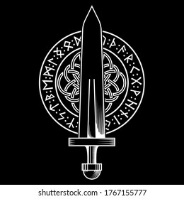 Viking design. Viking sword in a circle from Ancient Scandinavian runes and Celtic-Scandinavian pattern, vector illustration