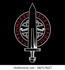 Viking design. Viking sword in a circle from Ancient Scandinavian runes and Celtic-Scandinavian pattern, vector illustration