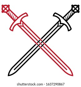Viking design. Viking sword. Two crossed medieval swords, isolated on white, vector illustration