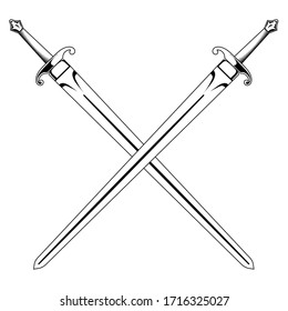 Viking Design. Viking Schwert. Zwei gekreuzte mittelalterliche Schwerter einzeln auf Weiß, Vektorillustration