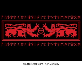 Viking Design. Two Heraldic Lions And Norse Runes, Vector Illustration
