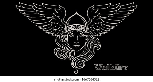 Viking Design. Valkyrie in a winged helmet. Image of Valkyrie, a woman warrior from Scandinavian mythology, isolated on black, vector illustration