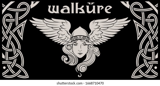 Viking Design. Valkyrie in a winged helmet. Image of Valkyrie, a woman warrior from Scandinavian mythology, isolated on black, vector illustration