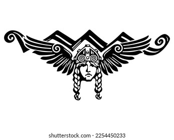 Viking Design. Valkyrie in a winged helmet. Image of Valkyrie, a woman warrior from Scandinavian mythology, isolated on white, vector illustration