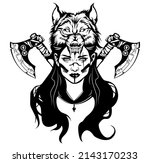 Viking Design. Valkyrie in a wolf helmet. Image of Valkyrie, a woman warrior from Scandinavian mythology, isolated on white, vector illustration