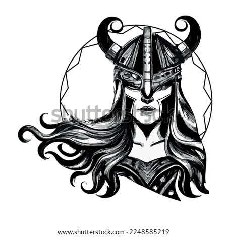 Viking Design. Valkyrie in a wolf helmet. Image of Valkyrie, a woman warrior from Scandinavian mythology, isolated on white, vector illustration.
