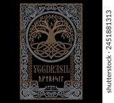 Viking design. World Tree from Scandinavian mythology - Yggdrasil and Celtic pattern, frame. Drawn in Old Norse Celtic style, isolated on black, vector illustration