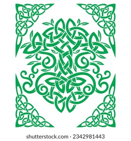 Viking design. World Tree from Scandinavian mythology - Yggdrasil and Celtic pattern, frame. Drawn in Old Norse Celtic style, isolated on white, vector illustration