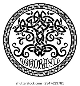 Viking design. World Tree from Scandinavian mythology - Yggdrasil and Celtic pattern, frame. Drawn in Old Norse Celtic style, isolated on white, vector illustration