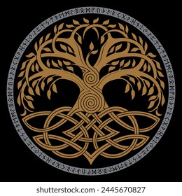 Diseño vikingo. Árbol del mundo de la mitología escandinava - Yggdrasil y patrón celta, marco. Dibujado en estilo celta nórdico antiguo, aislado en negro, Ilustración vectorial