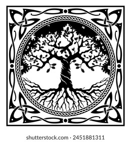 Diseño vikingo. Árbol del mundo de la mitología escandinava - Yggdrasil y patrón celta, marco. Dibujado en estilo celta nórdico antiguo, , blanco aislado, Ilustración vectorial