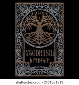 Viking design. World Tree from Scandinavian mythology - Yggdrasil and Celtic pattern, frame. Drawn in Old Norse Celtic style, isolated on black, vector illustration