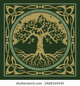 Diseño vikingo. Árbol del mundo de la mitología escandinava - Yggdrasil y patrón celta, marco. Dibujado en estilo celta nórdico antiguo, Ilustración vectorial