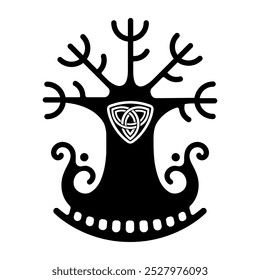 Diseño vikingo. Árbol del mundo de la mitología escandinava - Nudo yggdrasil y celta. Dibujado en estilo celta nórdico antiguo, aislado en blanco, Ilustración vectorial