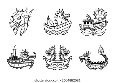 "Viking Dragon Boat Designs - Black and White Illustrations with Fantasy Elements"