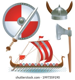 A Viking drakkar. A sailing ship sails on the waves of the sea. Elements of Viking armor.