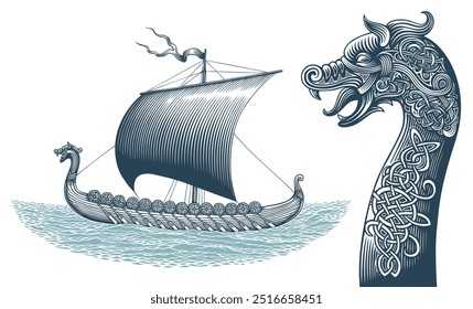 Drakkar vikingo en el mar. Ilustración dibujada a mano editable. Grabado vintage de Vector. Aislado sobre fondo blanco. 8 EPS