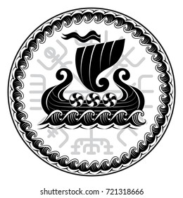 Viking Drakkar. Drakkar ship sailing on the stormy sea and Magical runic compass Vegvisir, vector illustration, isolated on black