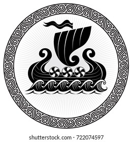 Viking Drakkar. Drakkar ship sailing on the stormy sea, vector illustration, isolated on black