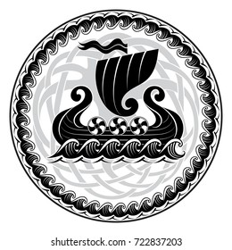 Viking Drakkar. Drakkar ship sailing on the stormy sea and mythical tree Yggdrasil, vector illustration, isolated on black