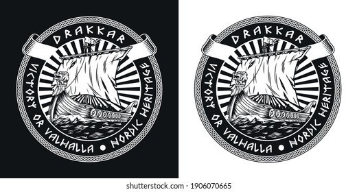 Viking drakkar ship vintage round label with medieval nordic warship sailing on sea in monochrome style isolated vector illustration