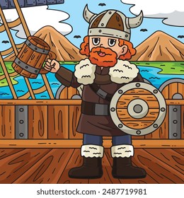 Viking Drinking Mead Colored Cartoon Illustration