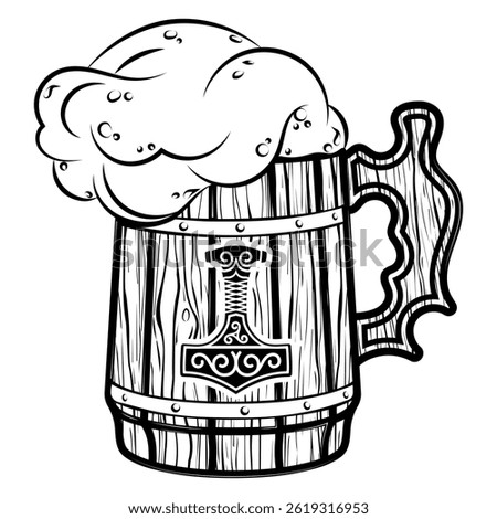 Viking drinking mug. Scandinavian drinking Viking mug with beer, isolated on white, vector illustration