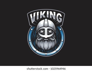 Viking - early medieval Scandinavian navigators. Vector logo / illustration. Viking on the background of the shield and in the helmet.