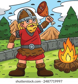 Viking Eating Meat Colored Cartoon Illustration