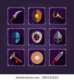 Viking element. Cartoon weapons. Game icons. 