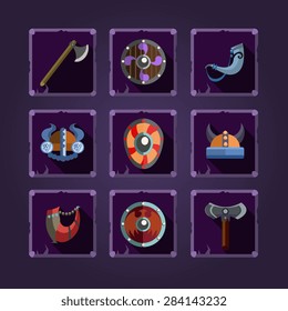Viking element. Cartoon weapons. Game icons. 