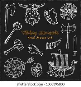 Viking elements Hand drawn doodle set. Vector illustration. Isolated elements on blackboard background. Symbol collection.