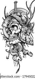 viking emblem, human skull and snake