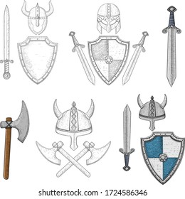 Viking equipment. Sword, shield, axe, helmets. Hand drawn sketch. Vector illustration isolated on white background