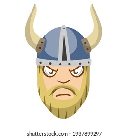 Viking. Evil face of barbarian warrior. Villain Scandinavian character. A soldier in horned helmet. Medieval bearded man.