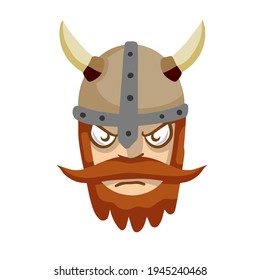 Viking. Evil face of barbarian warrior. Villain Scandinavian character. A soldier in horned helmet. Medieval bearded man.