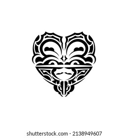 Viking faces in ornamental style. Hawaiian tribal patterns. Suitable for prints. Isolated on white background. Black ornament, vector illustration.