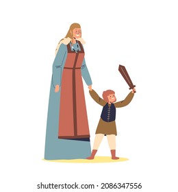 Viking family mother with son kid. Happy medieval parent with child holding wooden sward. Traditional Scandinavian cartoon characters. Flat vector illustration