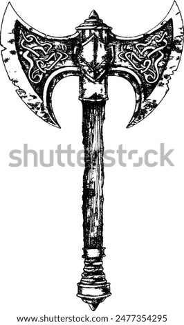 Viking fantasy two-handed engraved axe on an isolated white background Vector. Black and White Sketch illustration Vector