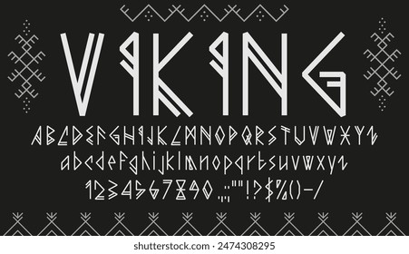 Viking font, nordic rune type, ethnic scandinavian typeface, norse epic alphabet. Vector white latin abc uppercase and lowercase letters, numbers and punctuation marks inspired by nordic runes script