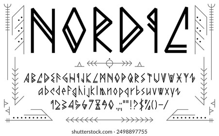 Viking font or Nordic rune type and ethnic Scandinavian typeface, vector Norse epic alphabet. Medieval Viking font with ancient Nordic runes letters of English alphabet in runic script thin typeface