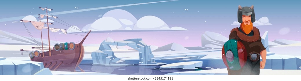 Viking frozen north pole ice landscape background. Norman travel on ship near iceberg antarctica illustration. Scandinavian character design in freeze sea nature environment. Northern outdoor scene