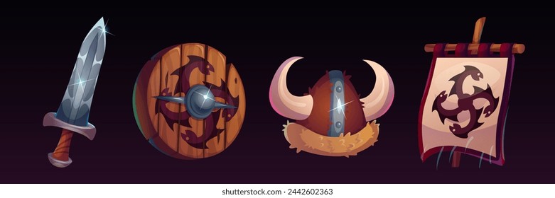 Viking game assets set isolated on black background. Vector cartoon illustration of sharp ancient sword, wooden shield, fur helmet with horns and sail with Scandinavian symbol, ui design elements