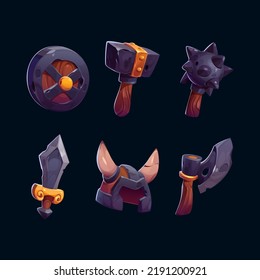 Viking Game Props Icons, Medieval Battle Axe, Mace, Horned Helmet, Sword And Round Shield. Scandinavian Nordic Warrior Weapon And Armor, Isolated Ui Rpg Game Design Assets Elements, Cartoon Vector