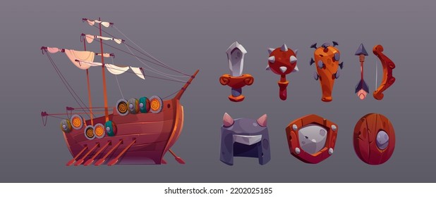 Viking Game Props Icons, Medieval Battle Ship, Mace, Horned Helmet, Sword, Bow And Shields. Scandinavian Nordic Warrior Weapon And Armor, Isolated Ui Rpg Game Design Asset Elements, Cartoon Vector Set