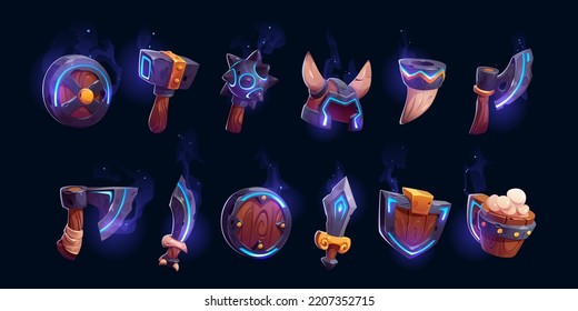 Viking Game Props Icons, Neon Glowing Medieval Battle Axe, Mace, Wine Horn, Helmet, Sword And Shields. Scandinavian Nordic Warrior Weapon And Armor, Isolated Ui Rpg Game Assets, Cartoon Vector Set