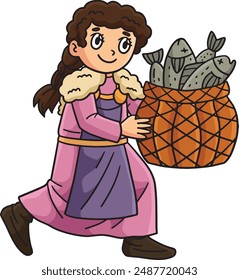 Viking Girl with a Basket of Fish Cartoon Clipart 